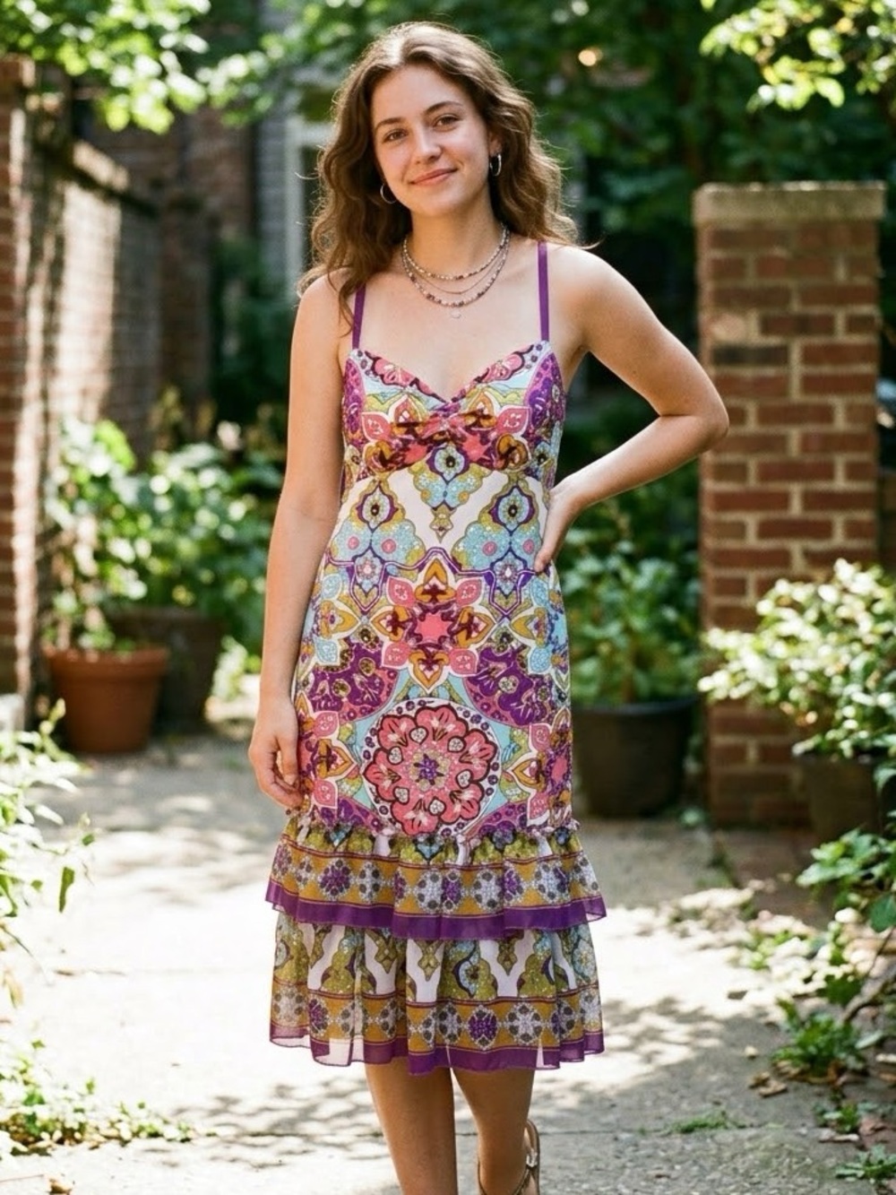 Vintage Nicole Miller Dress Y2K Boho Paisley Scarf Print Ruffle Tiered Size 6